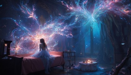 A solitary figure basks in the splendor of an enchanted room, her gown and magic-infused atmosphere creating a tale of solitude. AI Generation