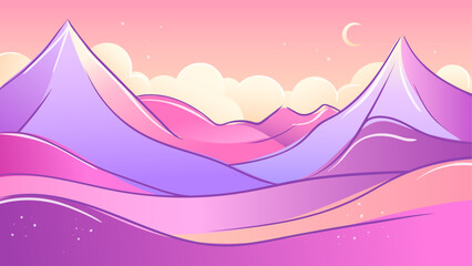 Mountain evening or sunset landscape of purple pink gradient color. Hand drawn scape with smooth dunes, mountain peaks, clouds and crescent on sky. Vector horizontal banner, abstract design.