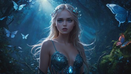 Obraz na płótnie Canvas Ethereal princess adorned with a silver crown, surrounded by delicate butterflies in a magical, sunlit forest.. AI Generation
