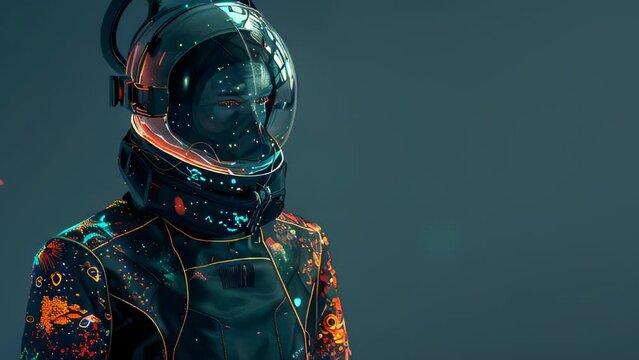 The starry sky reflects in the helmet of an astronaut wearing a spacesuit splattered with vibrant colors of paint.