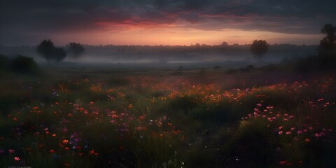Misty Sunrise over a Wildflower Meadow