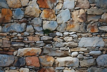 Multicolored Stone Wall with a Patch of Greenery