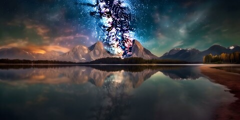 Starry Night Sky with Mountain Reflection and Cosmic Burst