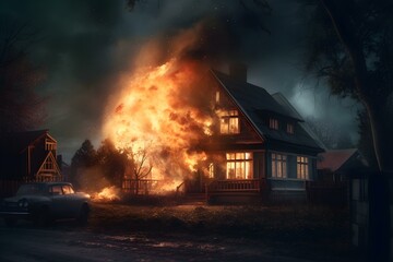 Fiery Blaze Engulfs House at Night While Nearby Car Watches