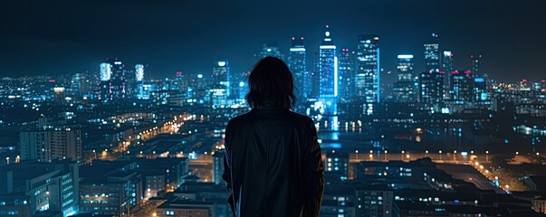 Bathed in the gentle glow of city lights, a woman stands on a balcony, taking in the mesmerizing nocturnal vista spread out before her. - obrazy, fototapety, plakaty