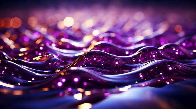 Futuristic curve purple and violet moving water and liquid wave vibrant golden glitter color background. technology electronic of light bokeh
