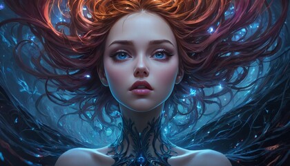 A surreal beauty with red hair and a tattoo-like bodice is submerged in an underwater dreamscape, highlighted by a luminous blue glow.. AI Generation