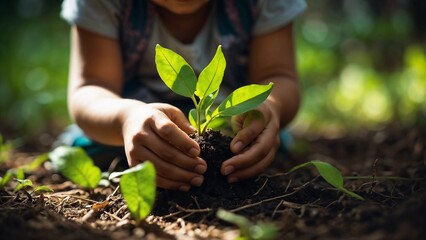 Child's Tender Hands Planting Sapling in Sunset's Golden Glow