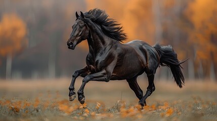 A bay Thoroughbred horse gallops. Photo of a running horse.