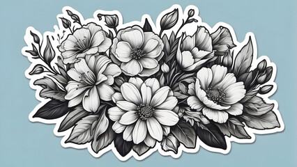 Black and white hand drawn flowers on a white background