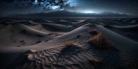 Moonlit Dunes under a Starry Sky with Mountain Silhouettes