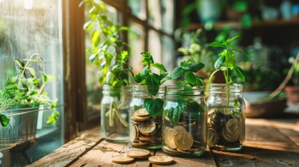 Gold coins in transparent jar with plants growing over, finance and investment concept