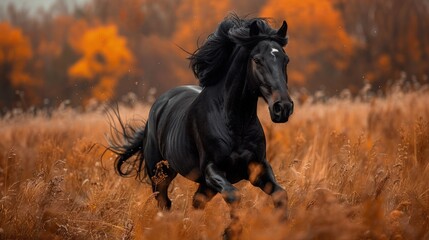 A majestic black horse gallops freely through the untamed wilderness. Photo of a running horse.