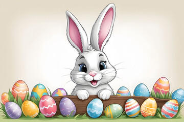 Easter bunny with Easter eggs. Congratulations and gifts for Easter in flat style.