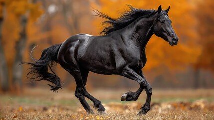 A majestic black horse gallops freely through the untamed wilderness. Photo of a running horse.