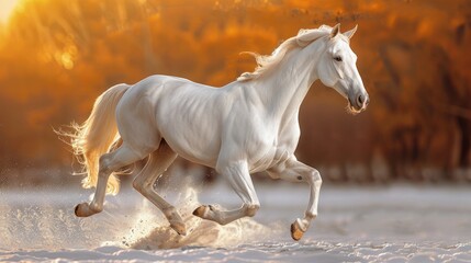 A majestic white horse gallops freely through the untamed wilderness. Photo of a running horse.