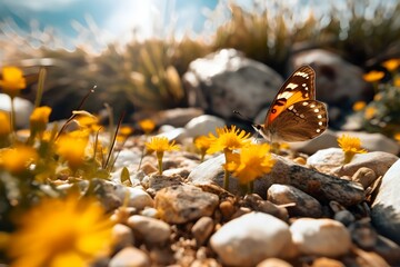Fototapeta na wymiar Butterfly Basking Among Flowers and Stones