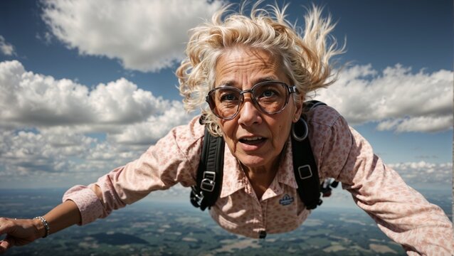 Senior white woman with gray hair is fearless and fun parasailing. Extreme sports concept. Close up