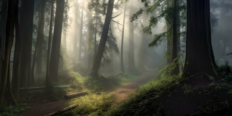 Fototapeta premium Mystical Sunbeams Filtering Through a Misty Forest Path