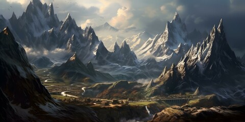 Majestic Mountain Peaks with a Serene Valley Village - obrazy, fototapety, plakaty