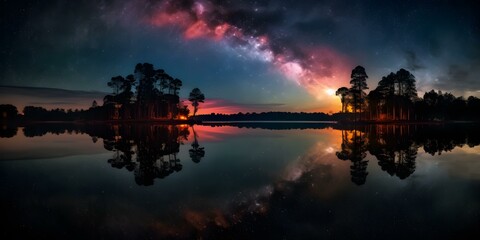 Starry Night Sky with Reflective Lake and Silhouetted Trees