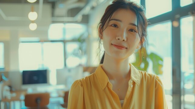 Brightly dressed Asian woman in a yellow shirt with a happy, sunny disposition in a cafe or co-working space Increases sense of joy and warmth