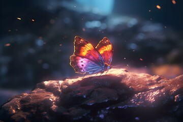 Luminous Butterfly on a Glistening Rock at Dusk