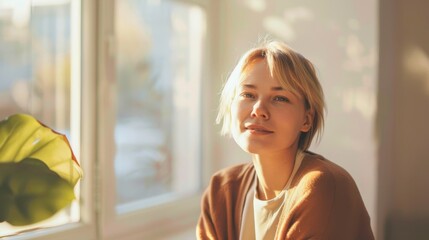 Calm young woman with bob haircut by the window alongside a green plant on a sunny day