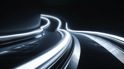 very sleek abstract curved white led lines side by side with perspective motion blur and long exposure on dark background