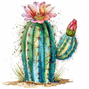 Watercolor clipart of a blooming cactus, desert summer on white background