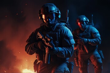 Modern warfare soldiers combat with weapons in the hands of equipped laser sights.