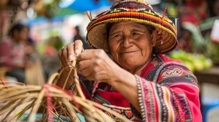 Fototapeta premium A senior craftswoman weaves while wearing a brightly colored traditional costume