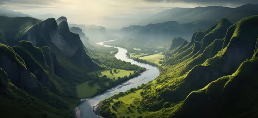 Foto op Canvas Nature's tranquility unfolds as water flows through a lush valley, hugged by imposing mountains beneath the veil of a cloudy sky. © jambulart