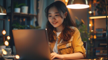 A young Asian woman works intently on a laptop in a warmly lit room at night
