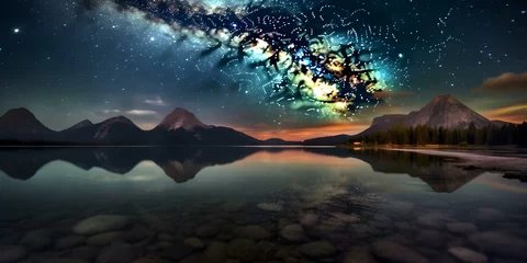 Foto op Plexiglas Starry Explosion over Peaceful Mountain Lake Reflection © CreativeCanvas
