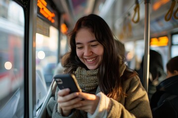 Young woman smiling at her phone on public transport, illustrates connectivity and joy