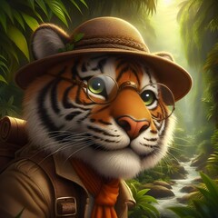 a brown tiger dressed as a jungle explorer, digital art