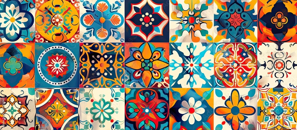 Poster a variety of vibrant tiles displaying unique designs inspired by creative arts and symmetry. perfect