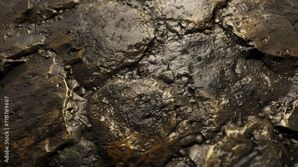 Poster Close-up of a wet textured black stone surface showing intricate natural patterns and details