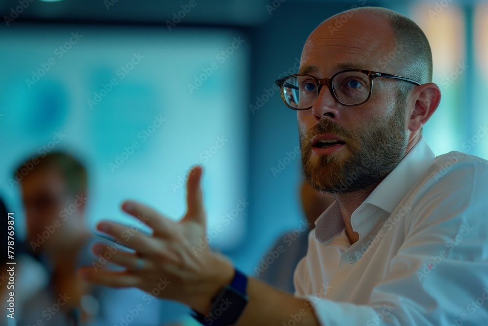 Poster a professional in a business meeting actively gesturing to emphasize his point to colleagues in a mo