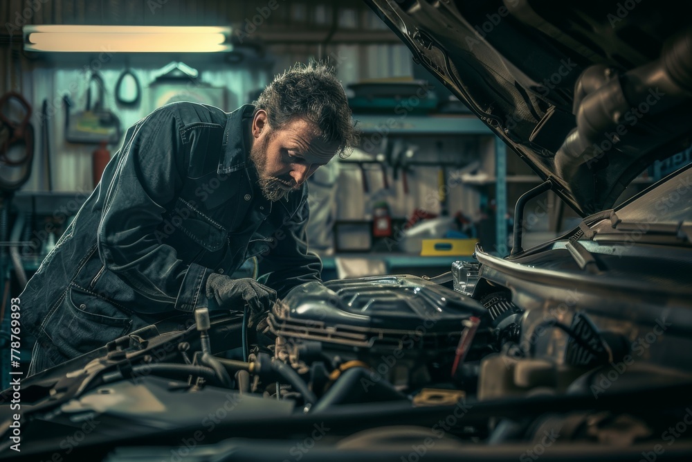 Poster an experienced mechanic is deeply focused on repairing a car engine inside a well-equipped automotiv