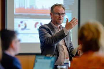 A confident businessman gives a presentation with a data chart in the background, illustrating a professional corporate training