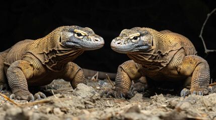 Obraz premium A pair of Komodo dragons. Komodo in a Natural Habitat Adventure. Close-up photo.