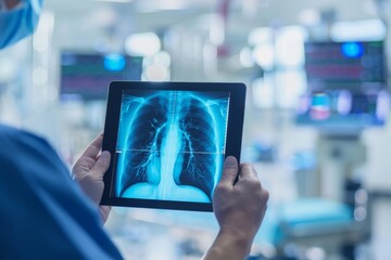 A medical professional examines a chest X-ray displayed on a digital tablet amidst the hustle of a busy hospital