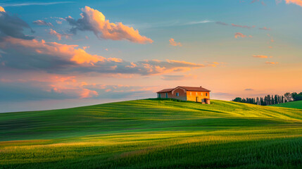 Picturesque landscape with an old house standing tall amidst a lush green landscape at evening.