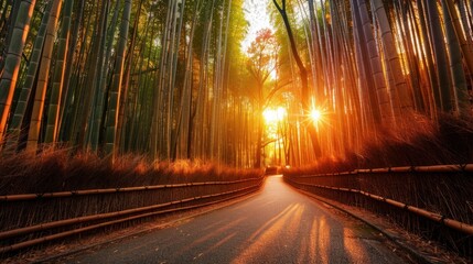 Footpath in shady bamboo forest in autumn with sunlight .AI generated image