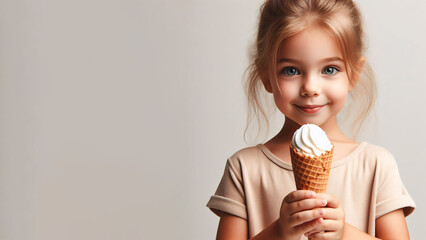 A young girl is holding a white ice cream cone. She is smiling and looking at the camera