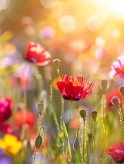 Obraz premium Poppy Flower in summer meadow Wallpaper