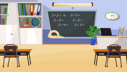 Bright classroom interior design. Vector illustration of school room with blackboard, teacher table, desks and chairs, clock on wall. School, education concept