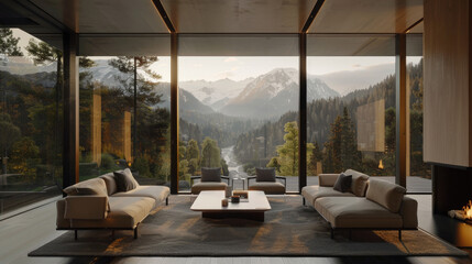 This stylish interior spotlights a stunning mountain view through floor-to-ceiling windows, creating a serene ambiance